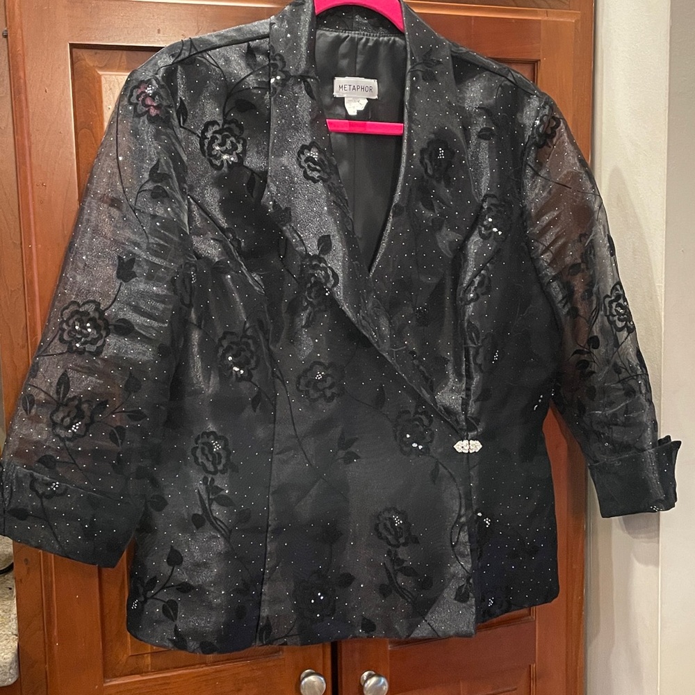 Metaphor Elegant Black Floral Blazer with sheer accents and sleeves. Rhinestone